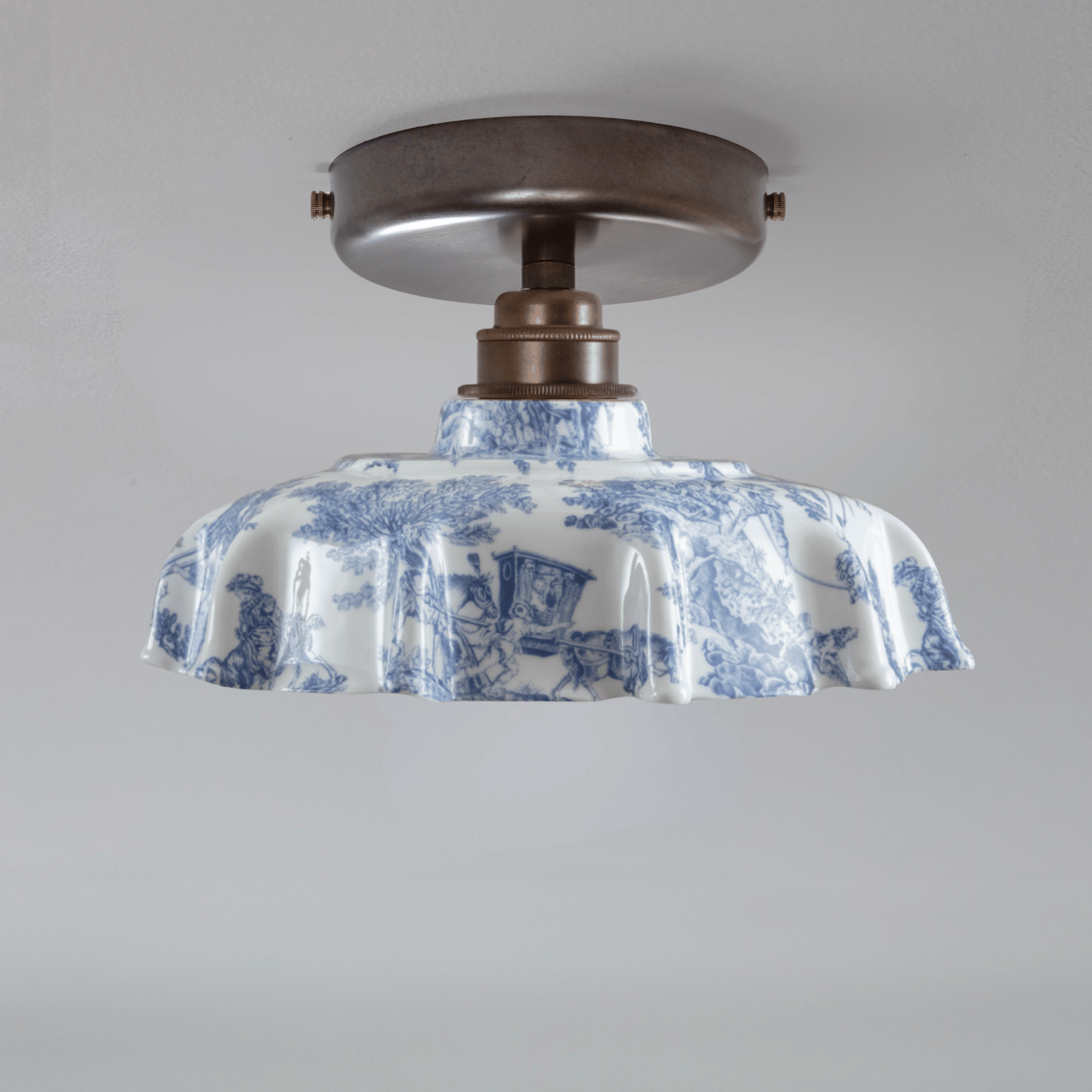 Campbell Blue Toile du Jouy Pattern Flush Mount Light