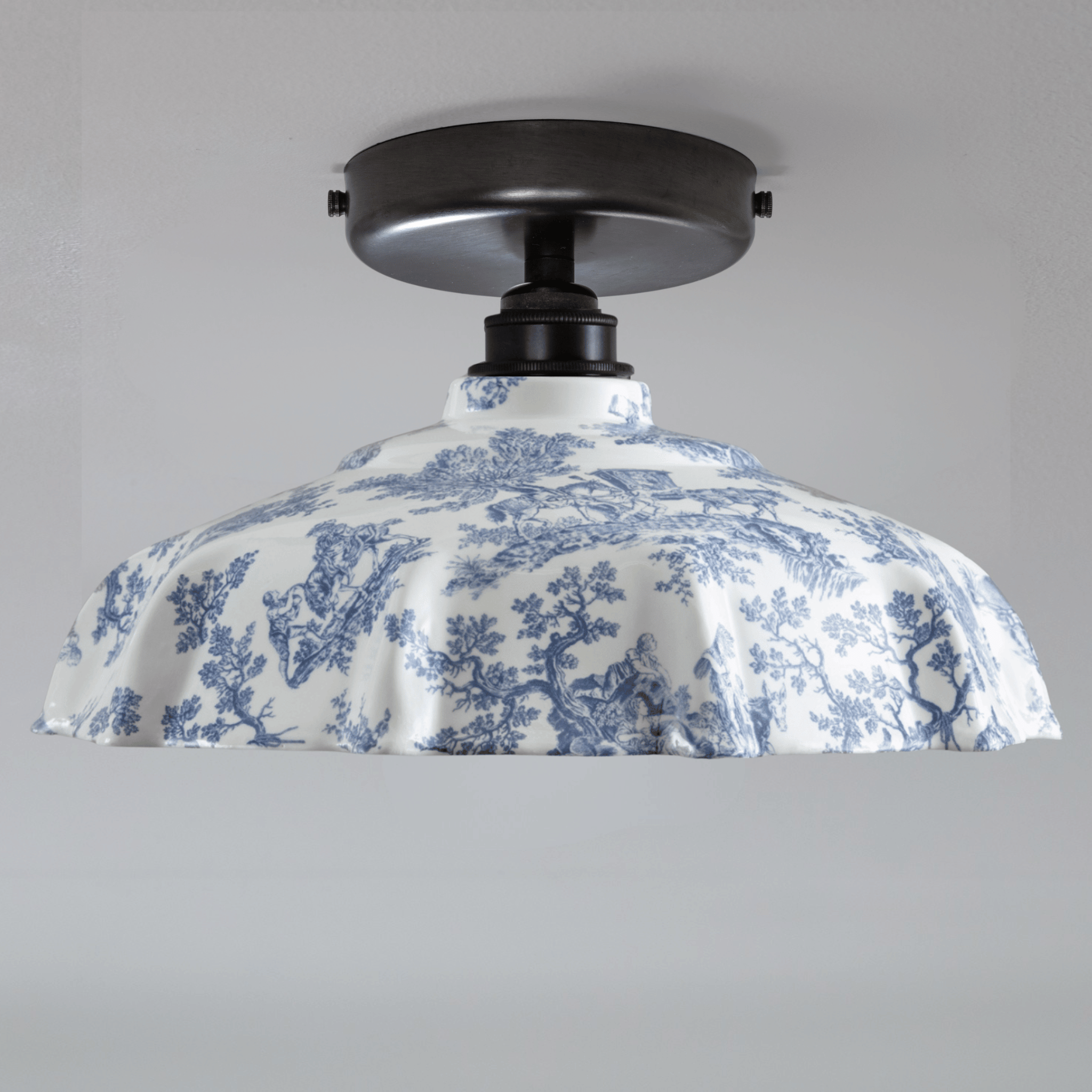 Campbell Blue Toile du Jouy Pattern Flush Mount Light
