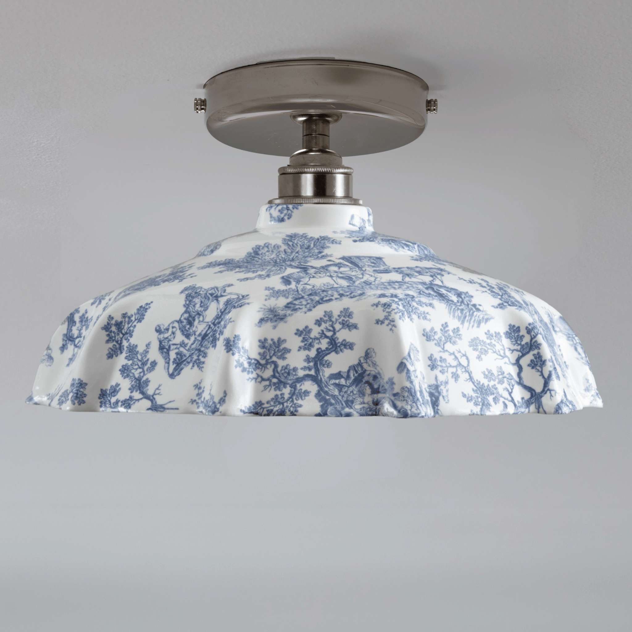 Campbell Blue Toile du Jouy Pattern Flush Mount Light