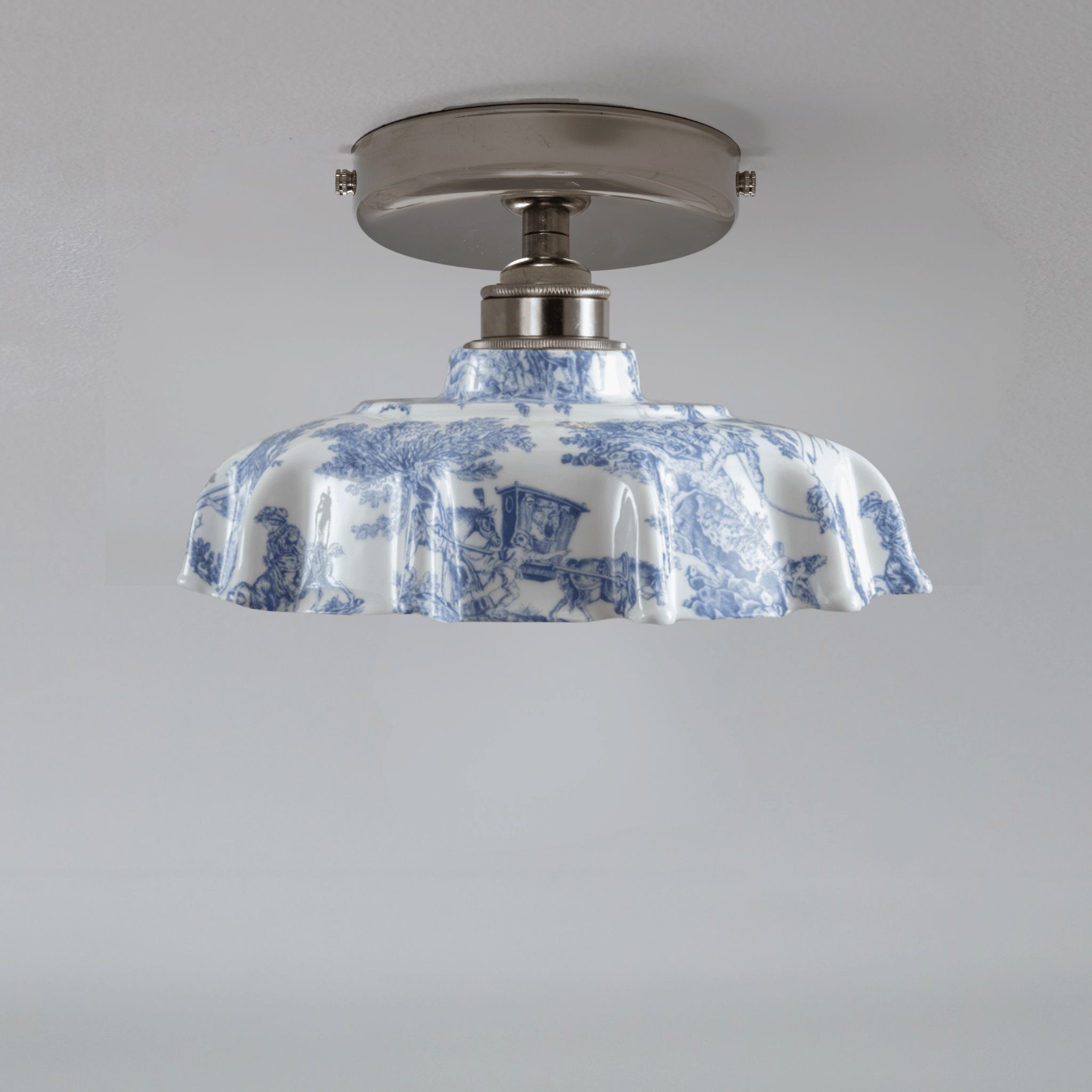 Campbell Blue Toile du Jouy Pattern Flush Mount Light