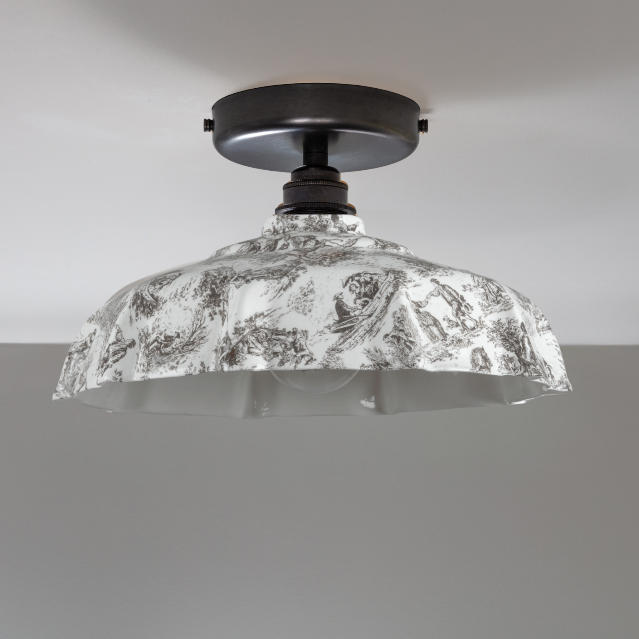 Campbell Black Toile du Jouy Pattern Flush Mount Light
