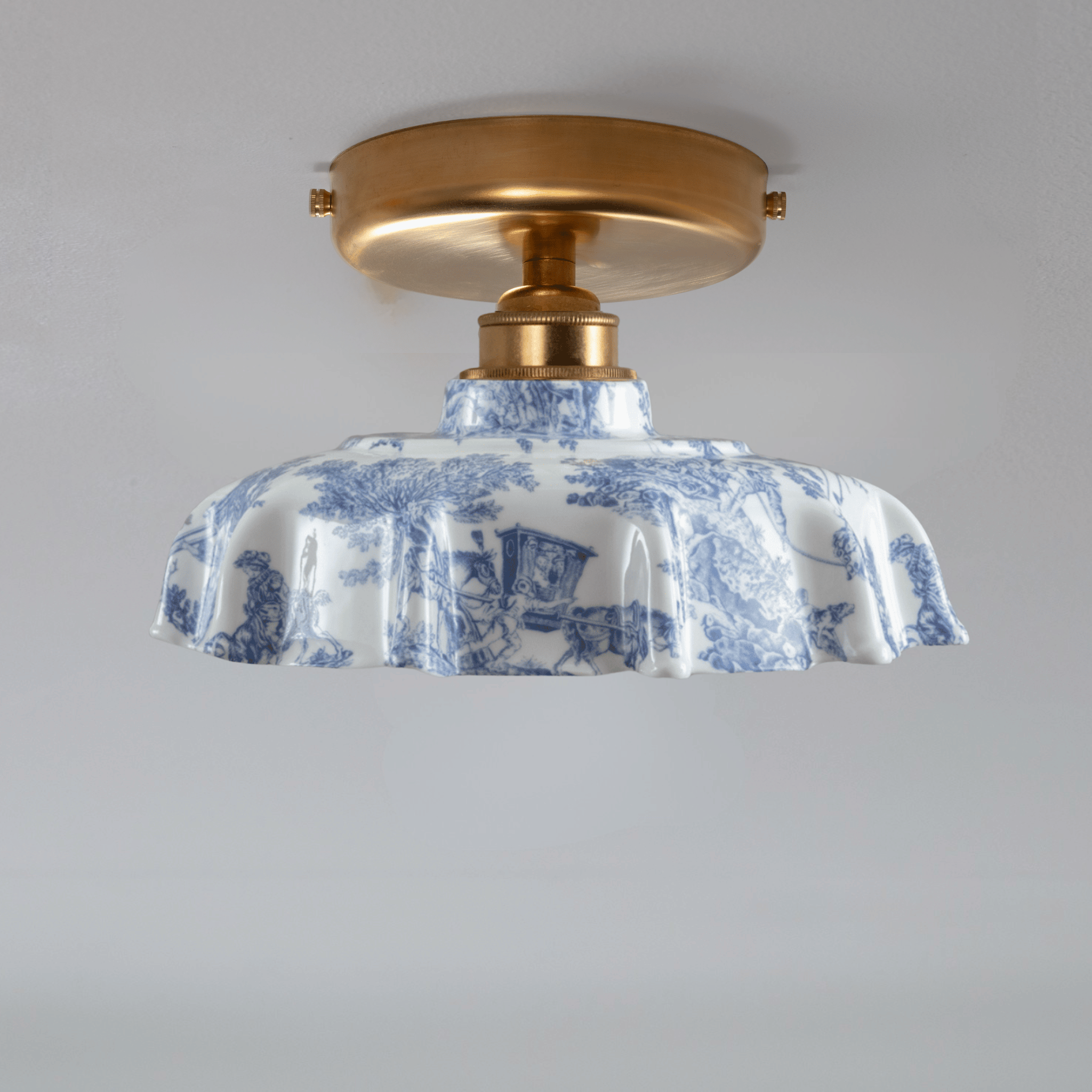 Campbell Blue Toile du Jouy Pattern Flush Mount Light