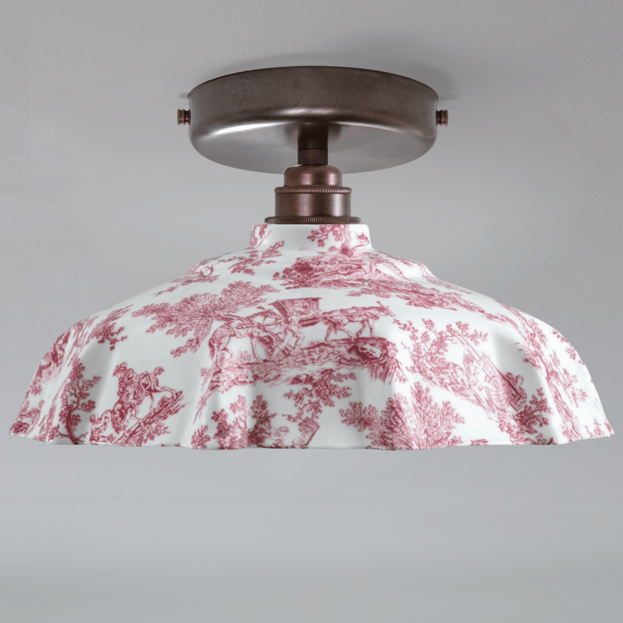 Campbell Claret Toile du Jouy Pattern Flush Mount Light