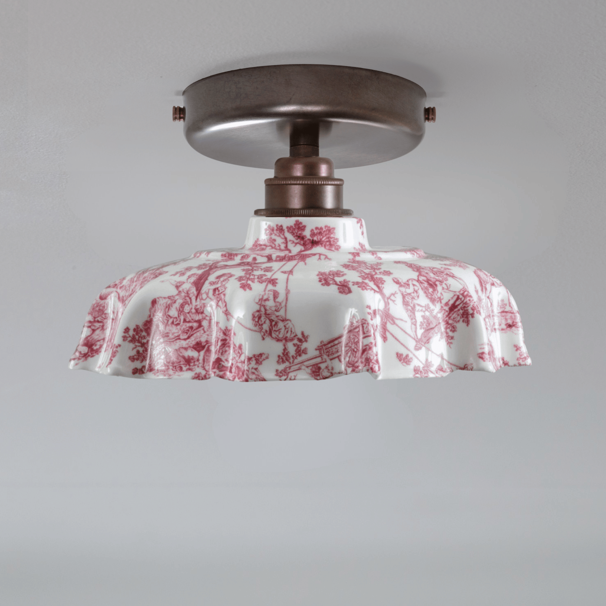 Campbell Claret Toile du Jouy Pattern Flush Mount Light