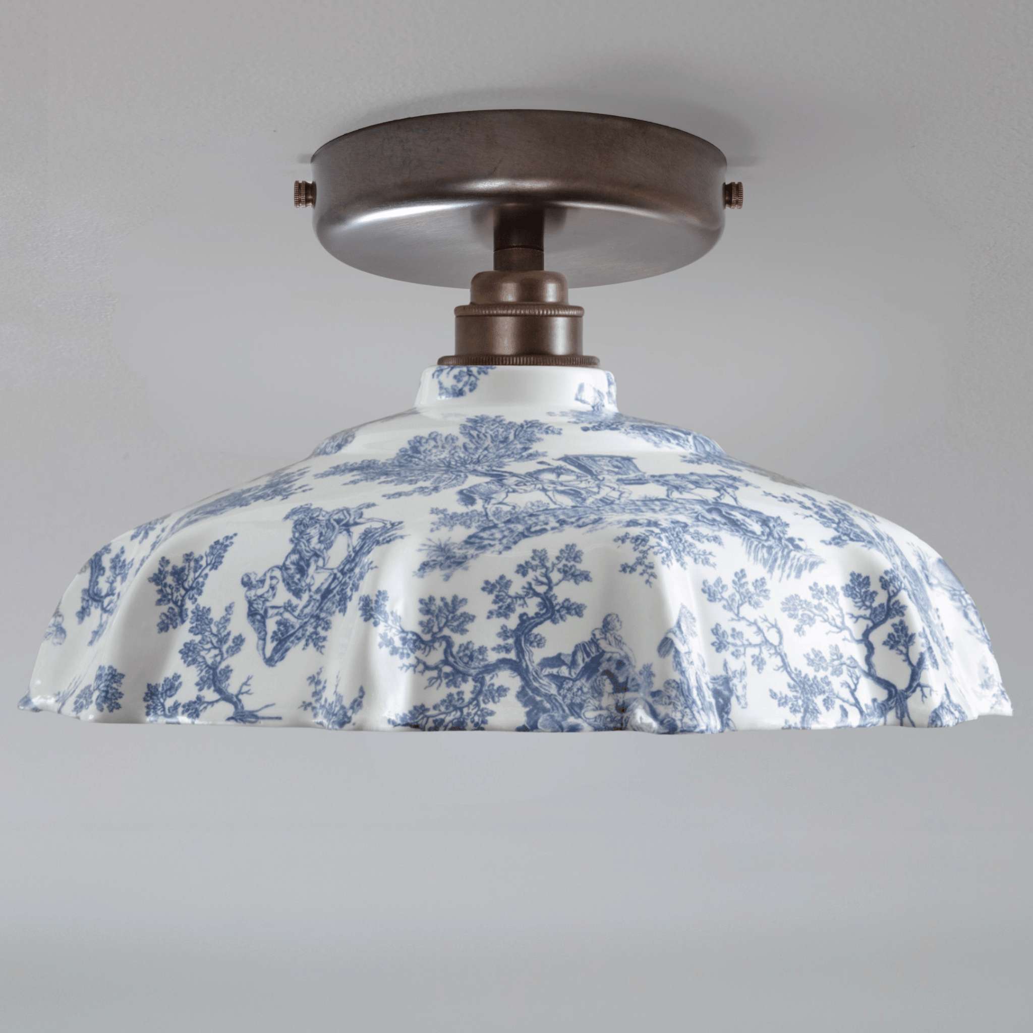 Campbell Blue Toile du Jouy Pattern Flush Mount Light