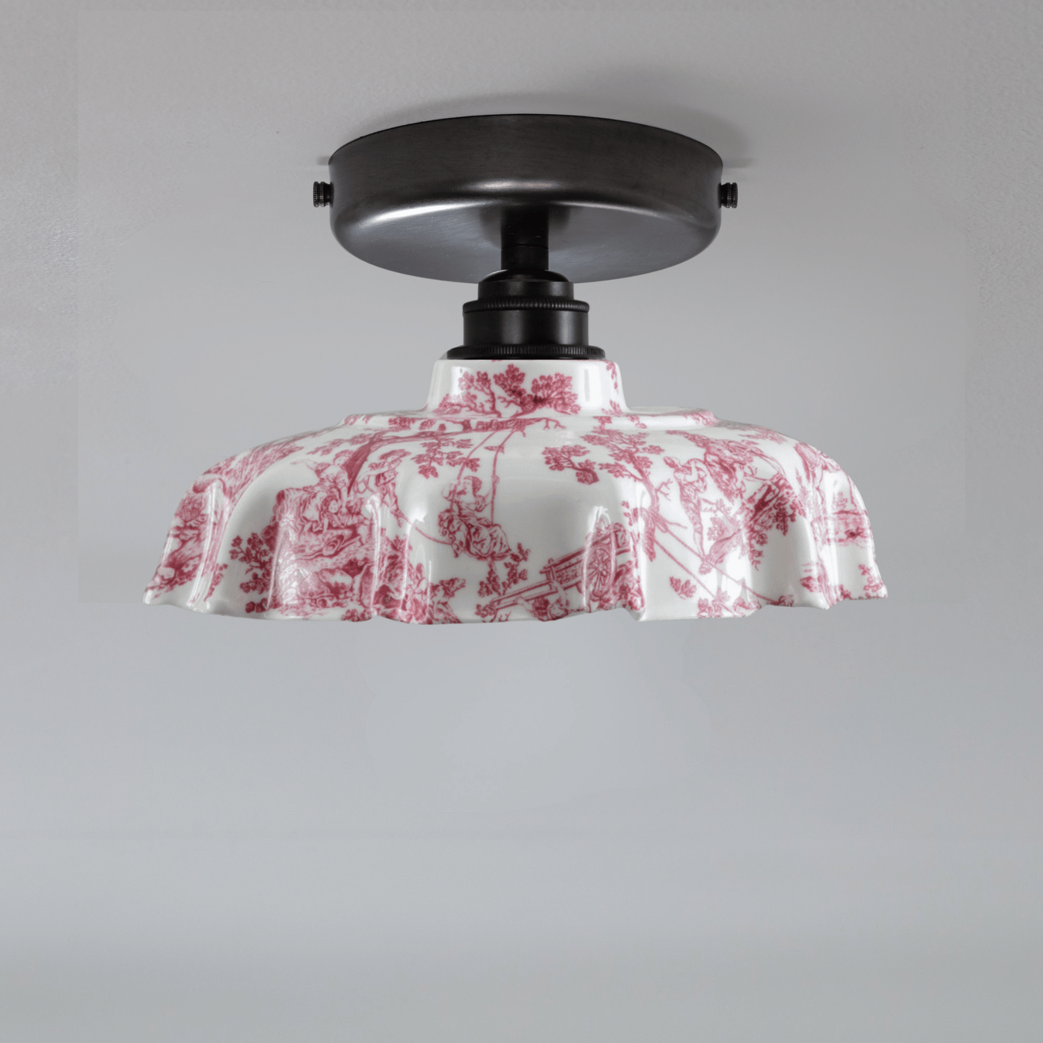 Campbell Claret Toile du Jouy Pattern Flush Mount Light