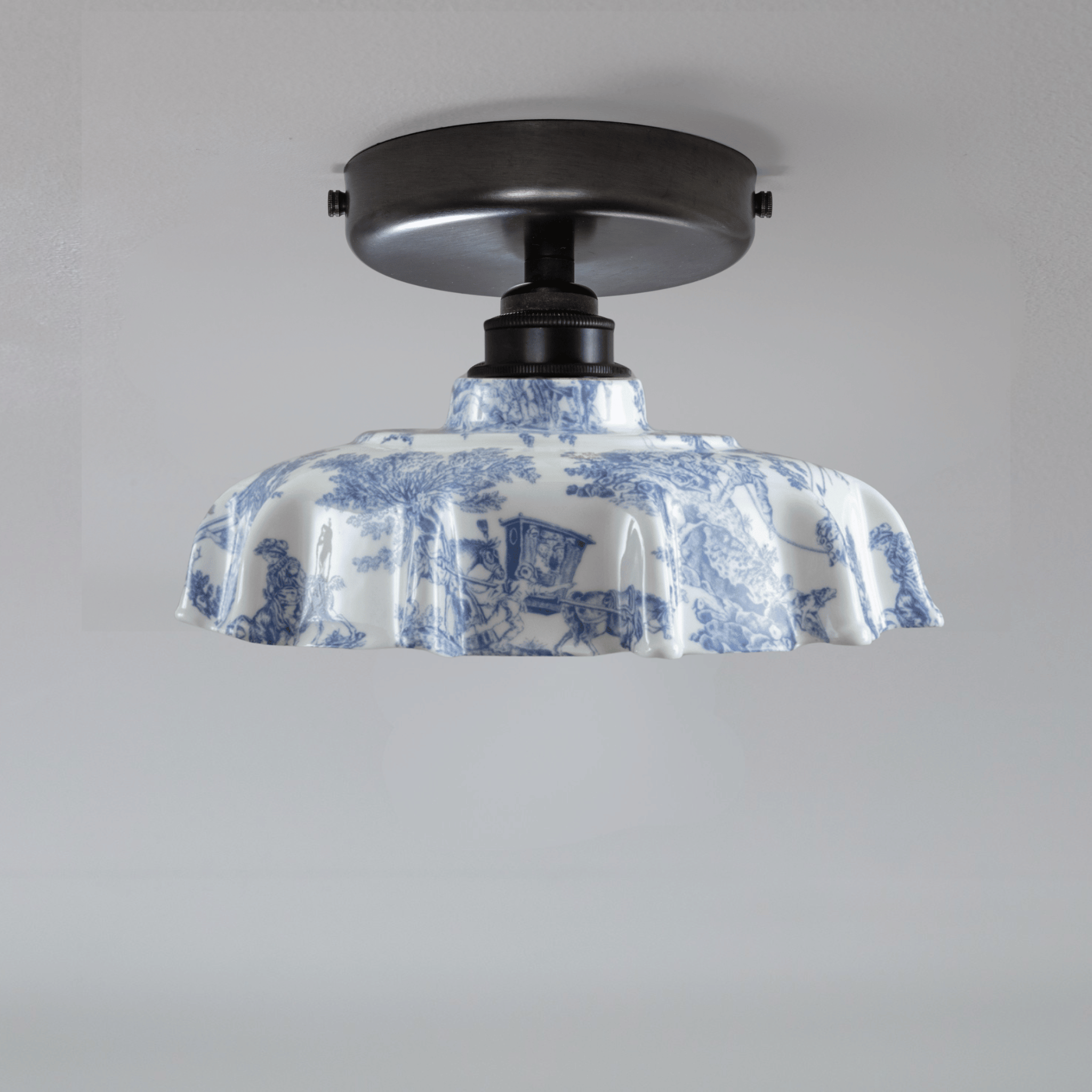 Campbell Blue Toile du Jouy Pattern Flush Mount Light