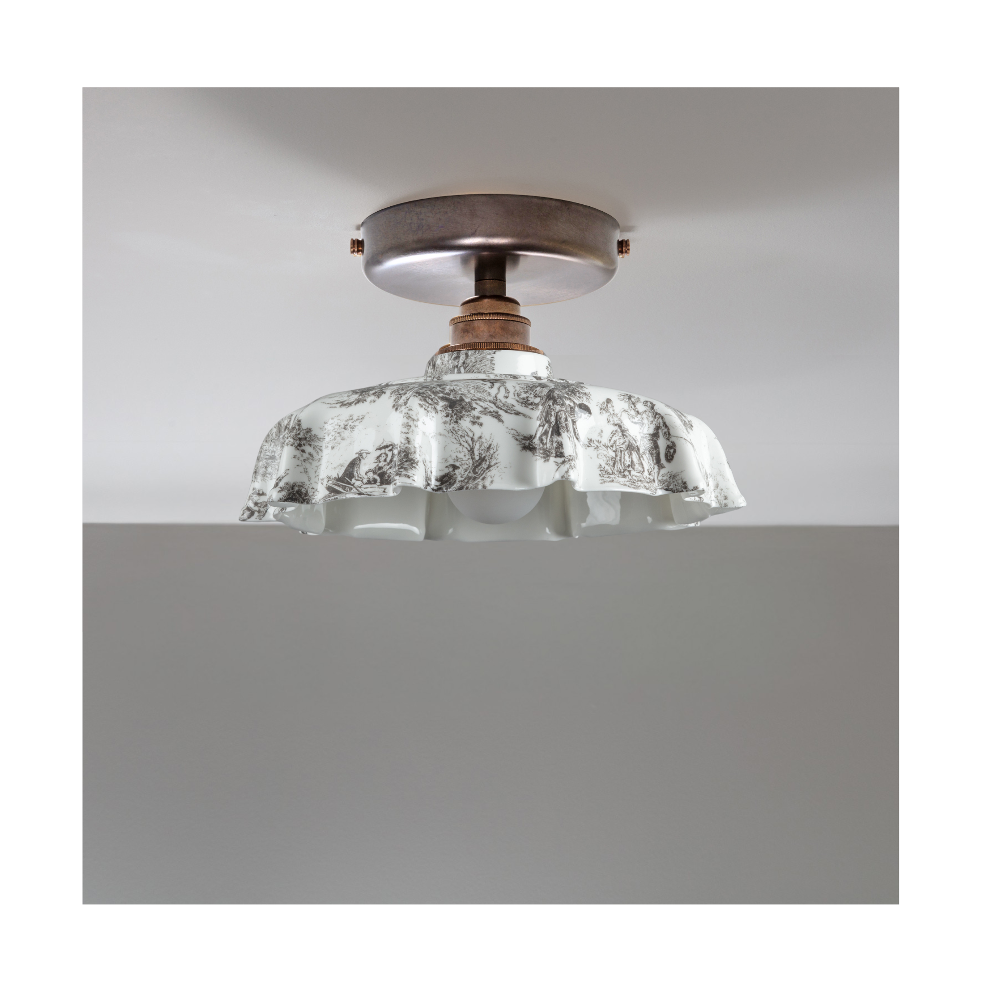 BATHROOM Black Toile du Jouy Campbell Pattern Flush Mount Light