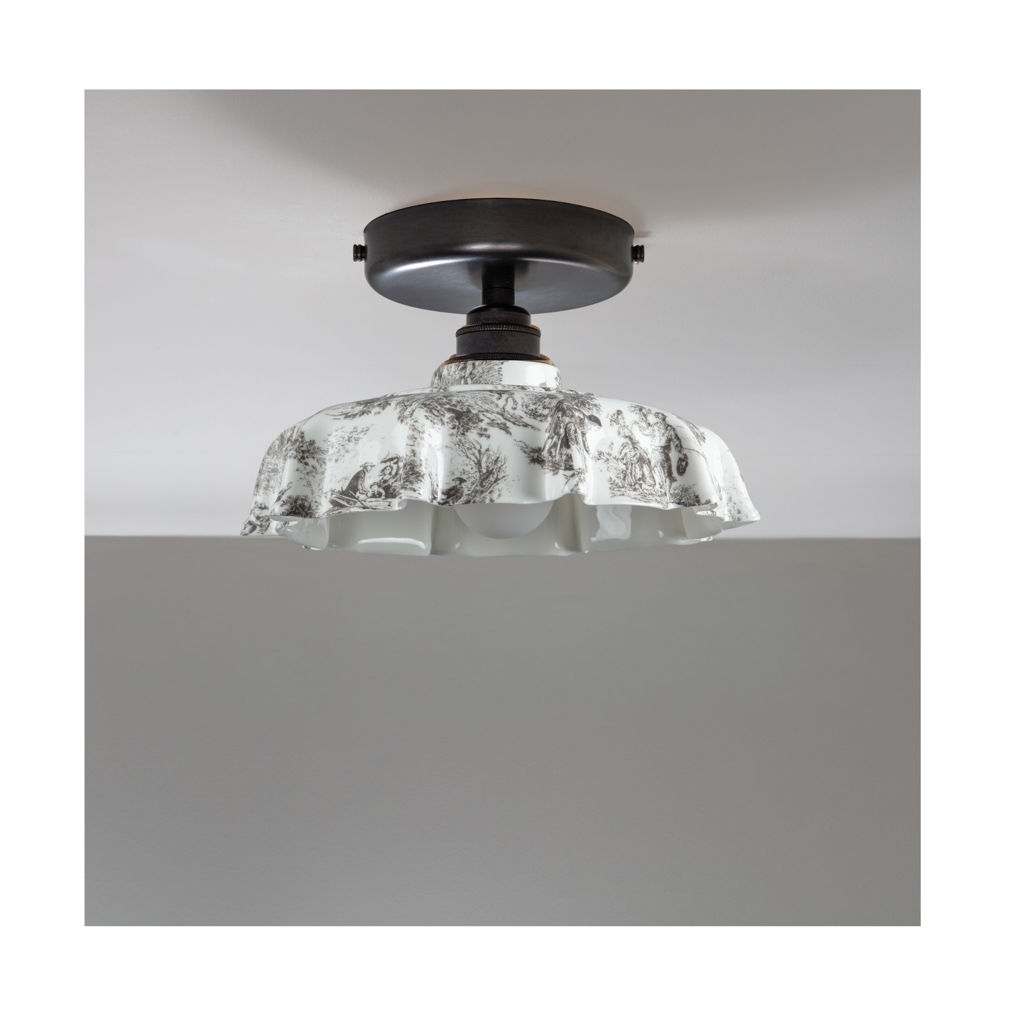 BATHROOM Black Toile du Jouy Campbell Pattern Flush Mount Light